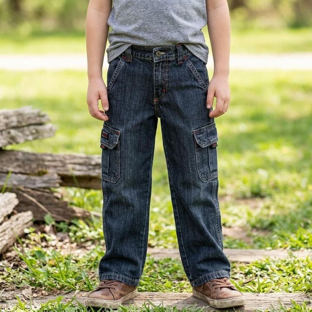 WRANGLER Boys Dark Wash Cargo Jeans - Size 6 Regular - Adjustable Waist  rugged